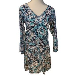Lilly‎ Pulitzer Women's Medium Juliet Dress Hippy Shake Shorely Blue 3/4 sleeve